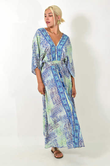  - Maxi καλοκαιρινό εμπριμέ φόρεμα με V λαιμόκοψη, μπλε