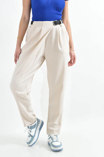  - Γυναικείο παντελόνι φάκελος, ζώνη και φαρδιά γραμμή σε μπεζ
