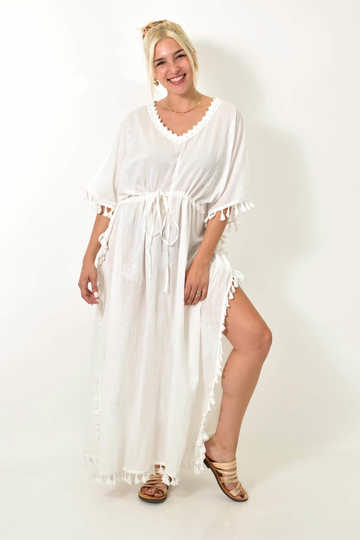  - Καλοκαιρινό καφτάνι με κεντητά σχέδια, V ντεκολτέ, ιδανικό για παραλία λευκό