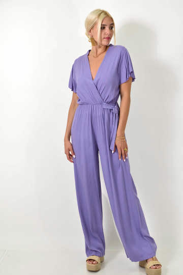  - Γυναικεία μονόχρωμη ολόσωμη φόρμα κρουαζέ με φιόγκο σε λιλά