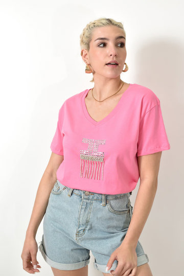  - Γυναικείο T-Shirt με Στρας & Αλυσίδες V Λαιμόκοψη Βαμβακερό σε ροζ