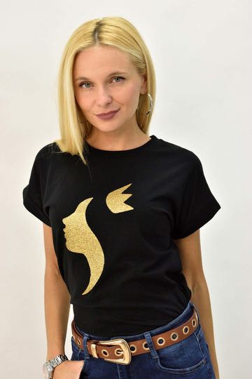  - Γυναικείο T-shirt με χρυσό τύπωμα πρόσωπο σε Μαύρο