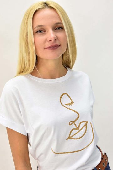  - Γυναικείο T-shirt με χρυσό τύπωμα πρόσωπο Λευκό