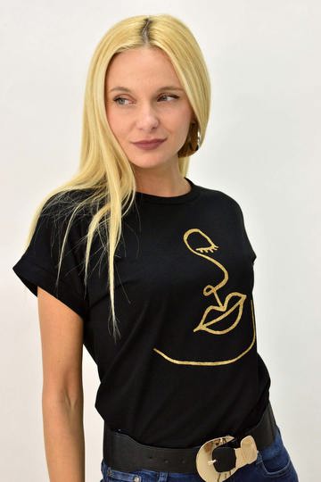  - Γυναικείο T-shirt με χρυσό τύπωμα πρόσωπο Μαύρο