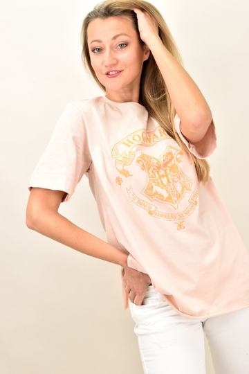  - Γυναικείο t-shirt oversized με τύπωμα σε Σομόν