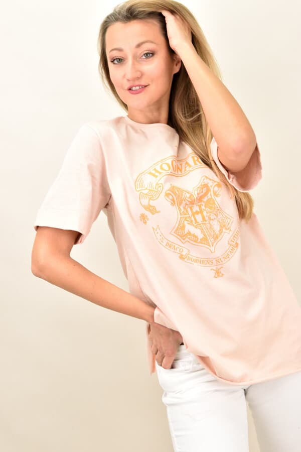  - Γυναικείο t-shirt oversized με τύπωμα σε Σομόν