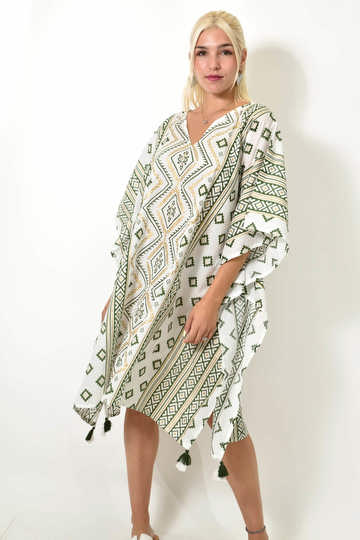  - Γυναικείο καφτάνι με γεωμετρικά σχέδια και V λαιμόκοψη σε χακί