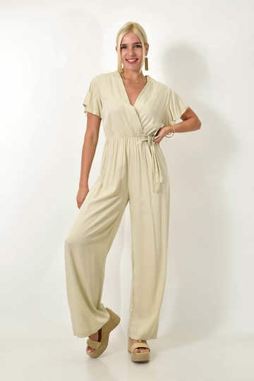  - Γυναικεία μονόχρωμη ολόσωμη φόρμα κρουαζέ με φιόγκο σε μπεζ