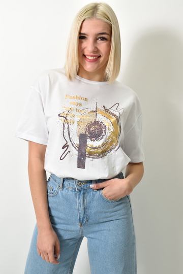  - Γυναικείο T-shirt με τύπωμα και στρας σε λευκό