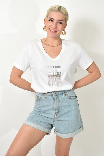  - Γυναικείο T-Shirt με Στρας & Αλυσίδες V Λαιμόκοψη Βαμβακερό σε λευκό