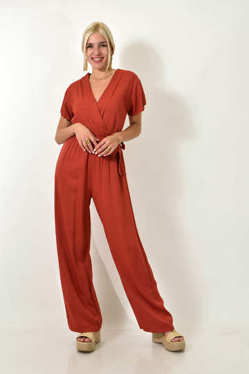  - Γυναικεία μονόχρωμη ολόσωμη φόρμα κρουαζέ με φιόγκο σε κεραμιδί