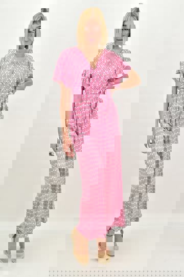  - Ολόσωμη φόρμα κρουαζέ με μοτίβο και βολάν σε ροζ