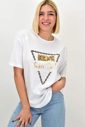  - Γυναικείο βαμβακερό T-shirt με χρυσό-μαύρο τύπωμα Real, πέρλες, σε λευκό