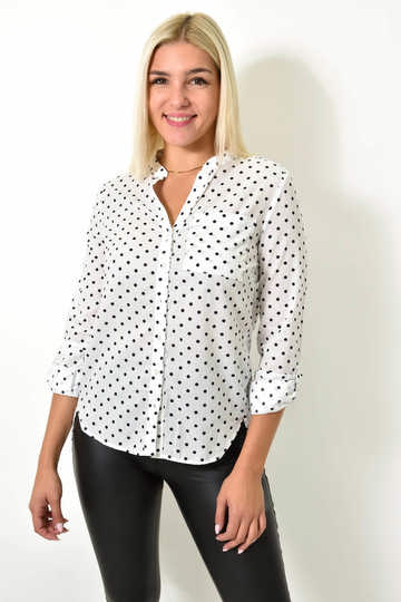 Γυναικείο πουά πουκάμισο με μάο γιακά σε άσπρο