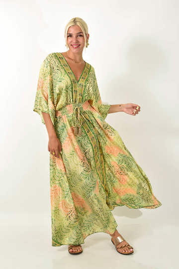  - Maxi καλοκαιρινό εμπριμέ φόρεμα με V λαιμόκοψη, λαδί