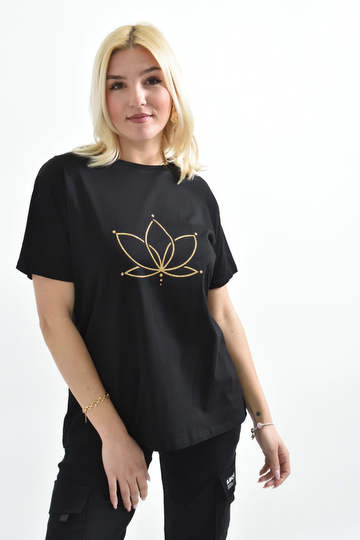  - Γυναικείο t-shirt με χρυσό τύπωμα νούφαρο και στρογγυλή λαιμόκοψη σε μαύρο
