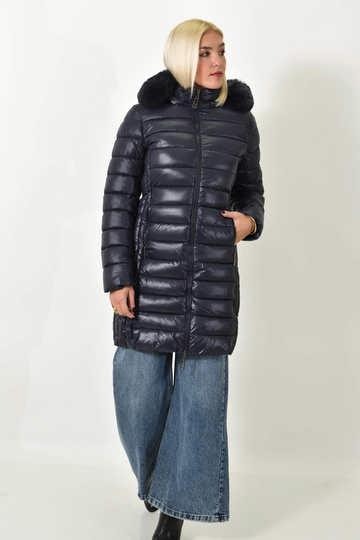 Μακρύ μπουφάν φουσκωτό με γούνινη κουκούλα μπλε σκούρο