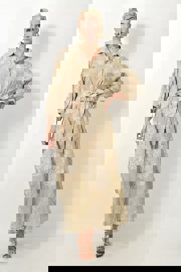  - Γυναικείο Βαμβακερό Φόρεμα Σεμιζιέ – Μάξι με Ζώνη & Κουμπιά σε μπεζ