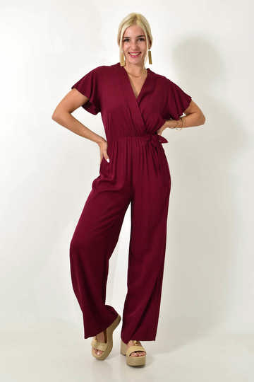  - Γυναικεία μονόχρωμη ολόσωμη φόρμα κρουαζέ με φιόγκο σε μπορντό