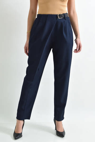  - Γυναικείο παντελόνι φάκελος, ζώνη και φαρδιά γραμμή σε μπλε σκούρο