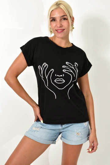 Γυναικείο Βαμβακερό T-shirt με στάμπα πρόσωπο σε μαύρο