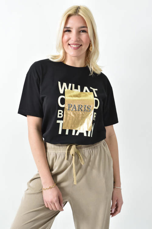 T-shirt με μεταλιζέ πλαίσιο PARIS σε μαύρο