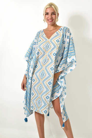  - Γυναικείο καφτάνι με γεωμετρικά σχέδια και V λαιμόκοψη σε σιέλ