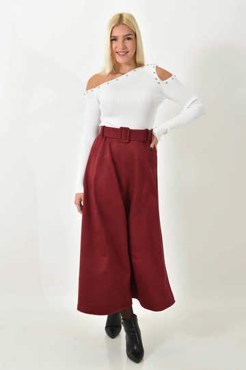  - Μίντι σουέτ φούστα με ζώνη μπορντό