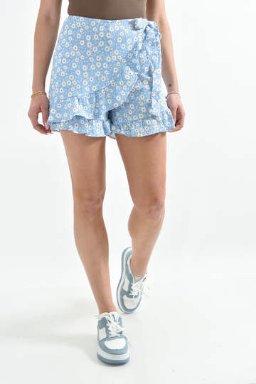  - Γυναικείο φλοράλ σορτσάκι με βολάν και κρουαζέ δέσιμο σε γαλάζιο
