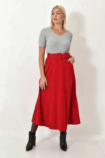  - Γυναικεία φούστα κοτλέ με ζώνη κόκκινο