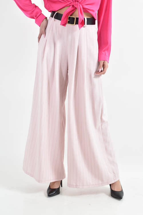 Γυναικεία παντελόνα με ρίγες, ζώνη και φαρδιά γραμμή σε ροζ