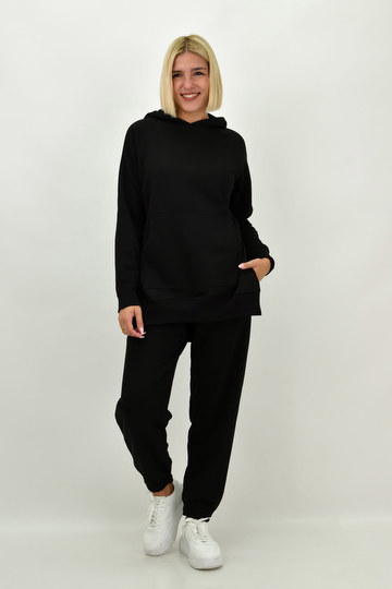  - Γυναικείο σετ φόρμας φούτερ με μπλούζα με κουκούλα, παντελόνι με λάστιχο - μαύρο