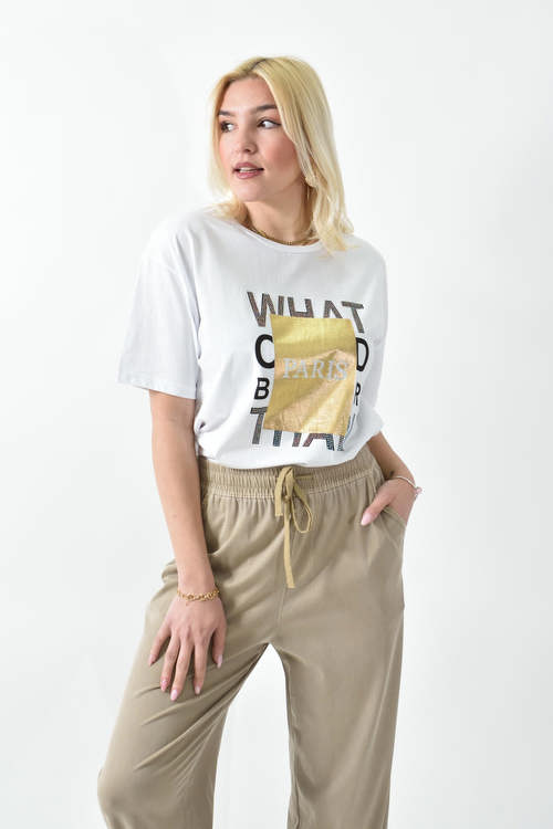T-shirt με μεταλιζέ πλαίσιο PARIS σε λευκό