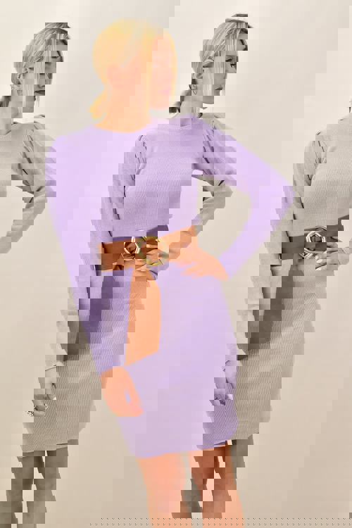 Γυναικείο κοντό πλεκτό φόρεμα με σούρα στα μακριά μανίκια, λιλά