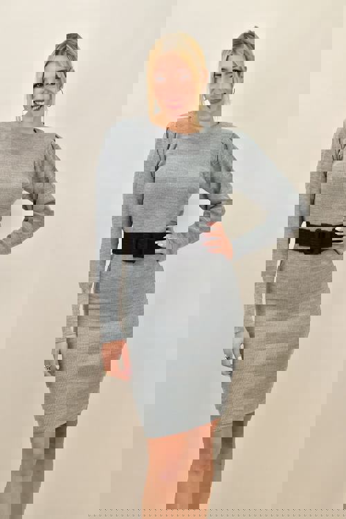 Γυναικείο κοντό πλεκτό φόρεμα με σούρα στα μακριά μανίκια, γκρι