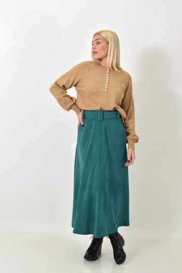  - Πετρόλ κοτλέ μίντι φούστα Α γραμμή με ζώνη & πλαϊνές τσέπες, casual & βραδινή