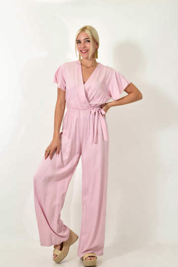  - Γυναικεία μονόχρωμη ολόσωμη φόρμα κρουαζέ με φιόγκο σε ροζ