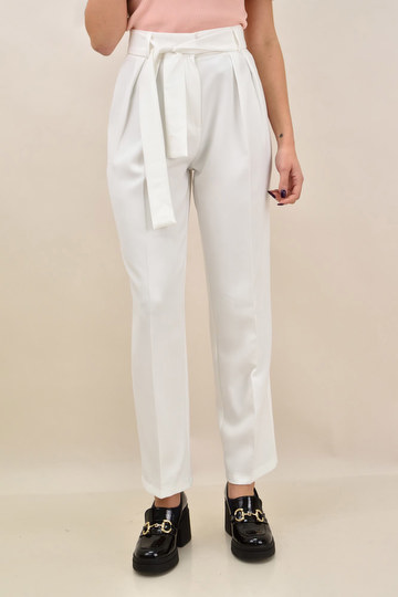  - Γυναικείο υφασμάτινo παντελόνι με ζώνη λευκό