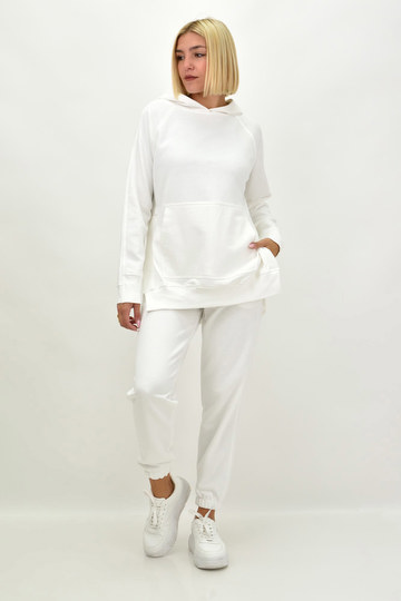  - Γυναικείο Σετ Φόρμας Φούτερ Oversized με Κουκούλα - 100% Βαμβάκι σε λευκό