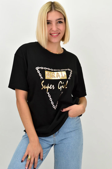  - Γυναικείο βαμβακερό T-shirt με χρυσό-μαύρο τύπωμα Real, πέρλες, σε μαύρο