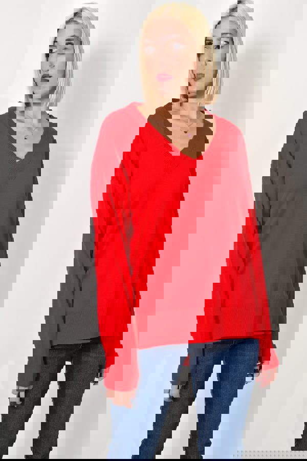  - Γυναικείο μακρύ πλεκτό μπλουζάκι, με V λαιμόκοψη και μακριά μανίκια σε κόκκινο