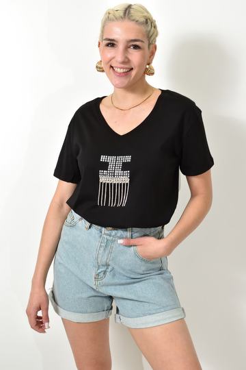  - Γυναικείο T-Shirt με Στρας & Αλυσίδες V Λαιμόκοψη Βαμβακερό σε μαύρο