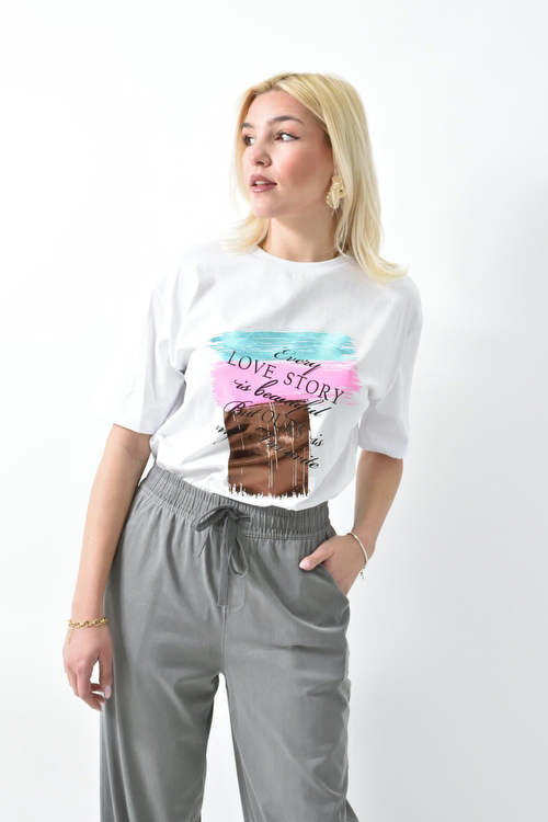 Γυναικείο T-shirt με μεταλιζέ σχέδιο σε λευκό