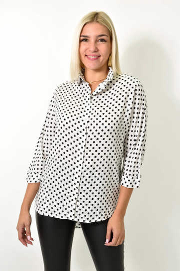 Γυναικείο πουά πουκάμισο με 3/4 μανίκια σε λευκό με μαύρα dots