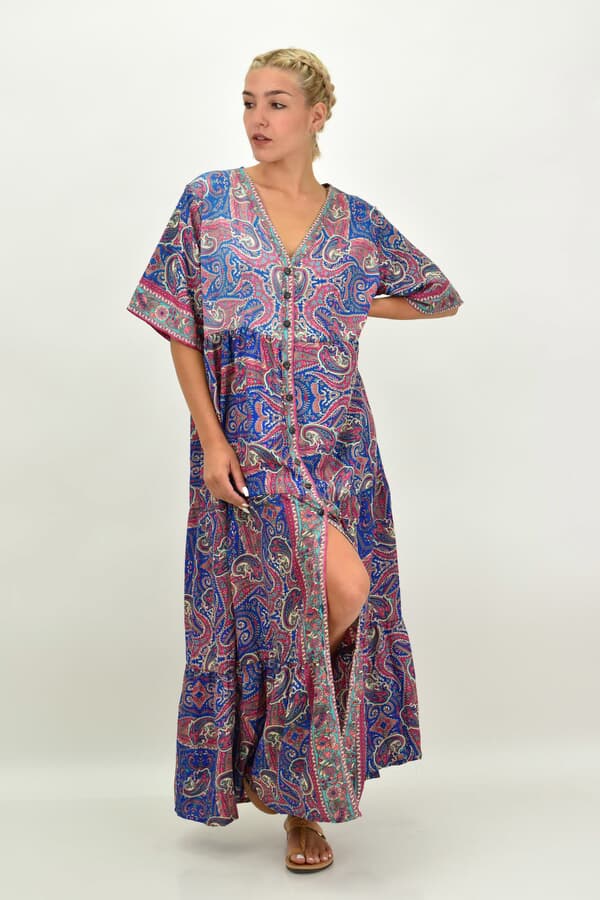 Μακρύ Φόρεμα Boho Εμπριμέ με Λαχούρια & Βολάν σε μπλε σκούρο