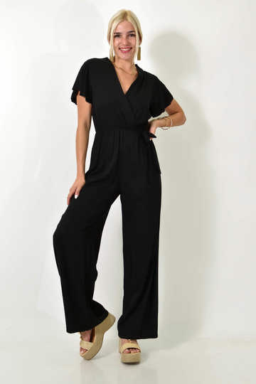  - Γυναικεία μονόχρωμη ολόσωμη φόρμα κρουαζέ με φιόγκο σε μαύρο