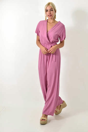  - Γυναικεία μονόχρωμη ολόσωμη φόρμα κρουαζέ με φιόγκο σε σάπιο μήλο