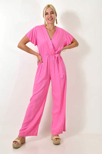  - Γυναικεία μονόχρωμη ολόσωμη φόρμα κρουαζέ με φιόγκο σε φούξια