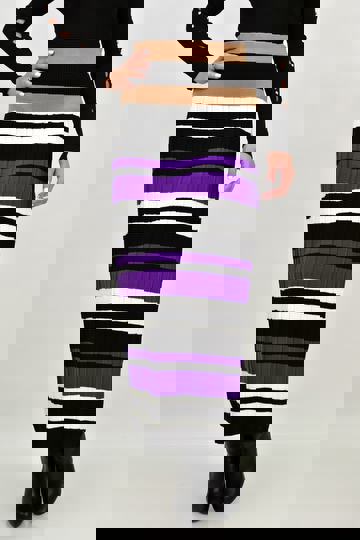  - Γυναικεία πλεκτή midi φούστα, ριγέ, ψηλόμεση και πολύχρωμη