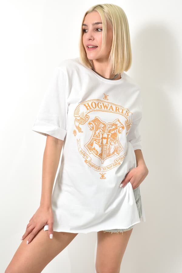  - Γυναικείο t-shirt oversized με τύπωμα σε λευκό